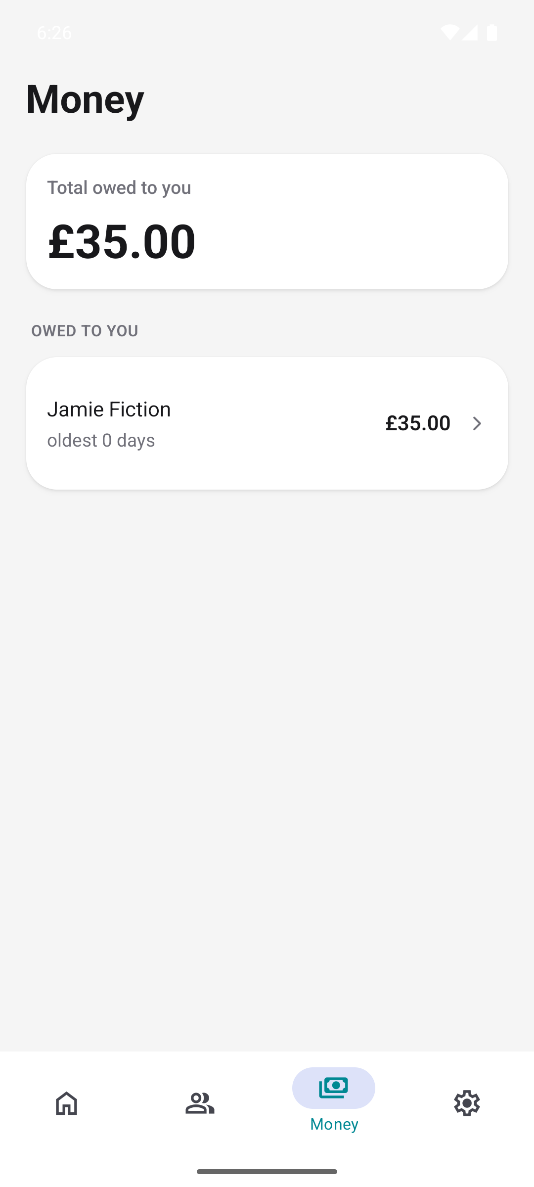 CleanRound Money screen showing an example client with an outstanding balance of £35