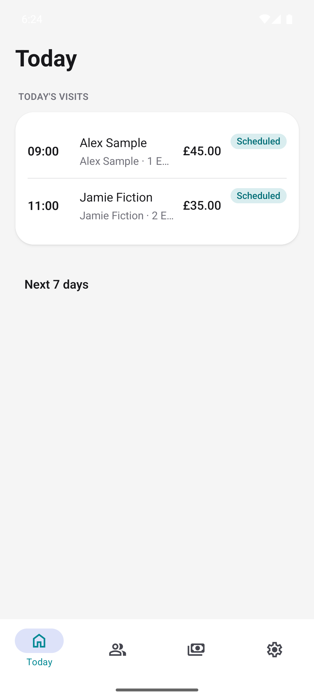 CleanRound Today view with example cleaning visits, times and prices